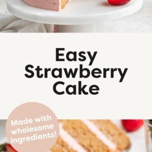 Two photos of the easy strawberry cake. The top photo is a strawberry cake with pink frosting sitting on a small white pedestal with fresh strawberries on top and one slice cut out. The bottom photo is with a slice of strawberry cake on a small white plate with a metal fork holding a piece of the slice.