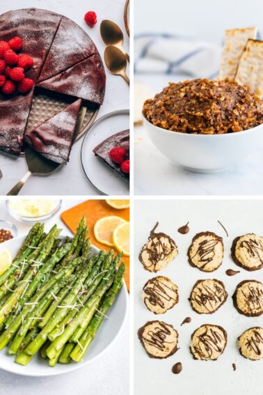 A collage with recipes for Passover - a flourless chocolate cake, charoset, asparagus and macaroons.
