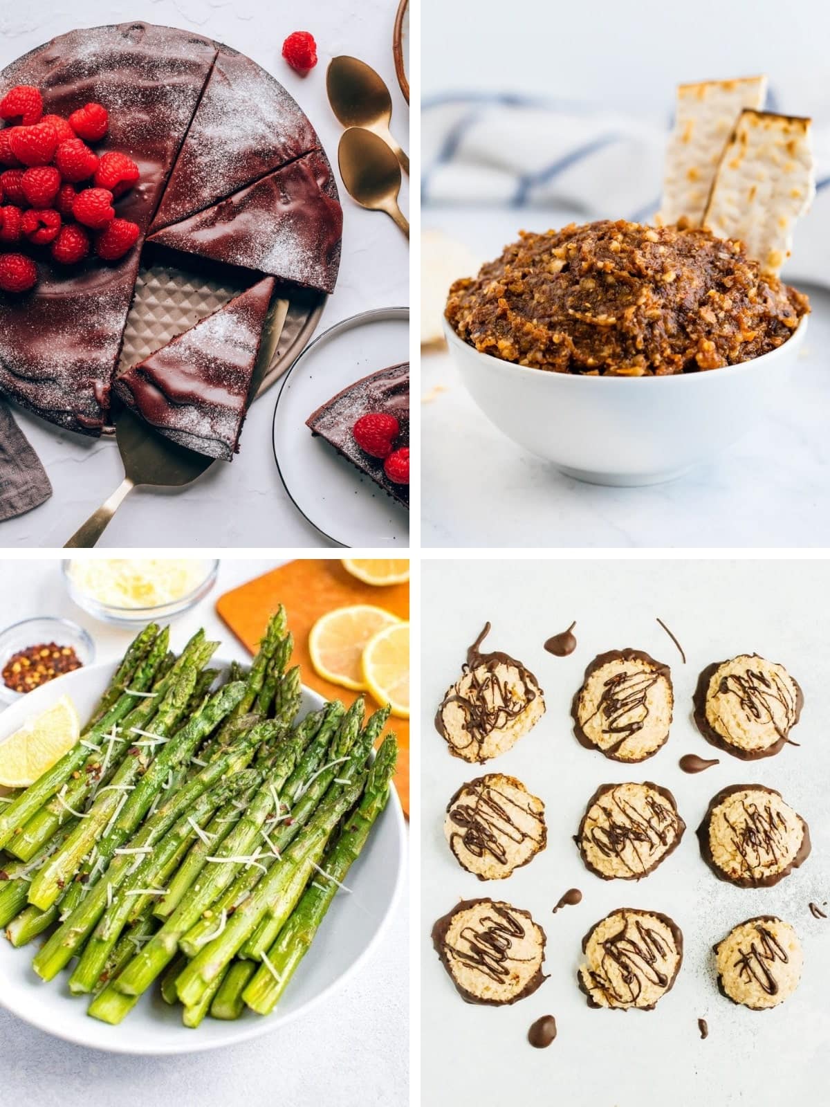 A collage with recipes for Passover - a flourless chocolate cake, charoset, asparagus and macaroons.