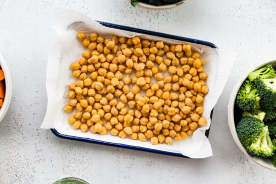 A small baking dish full of chickpeas.