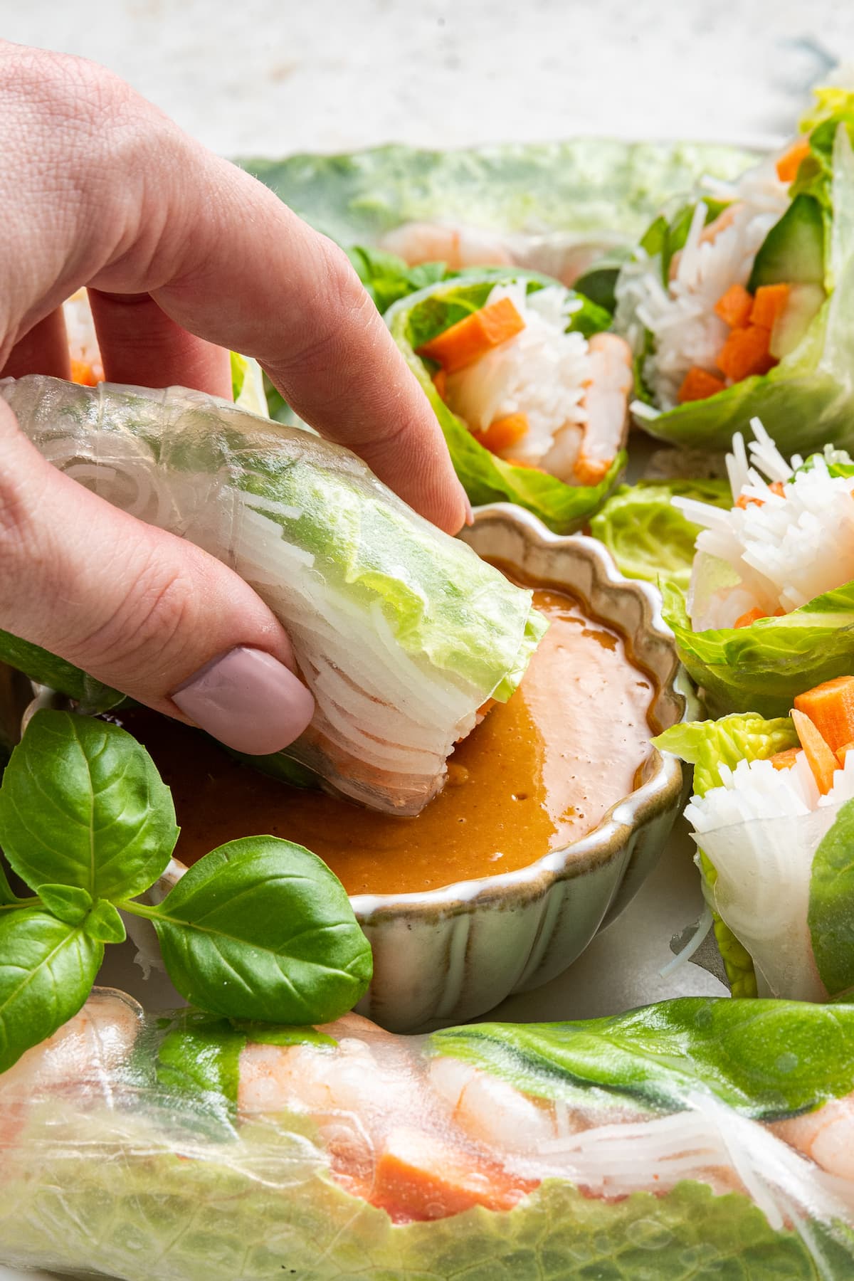 A woman's hand dipping a shrimp spring roll into a small dish with the peanut sauce.