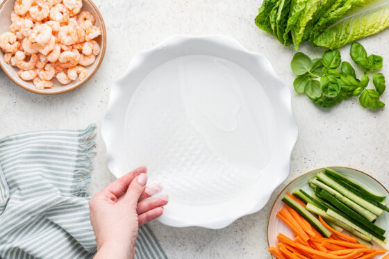 A woman's hand dipping a sheet of rice paper into a bowl of water.