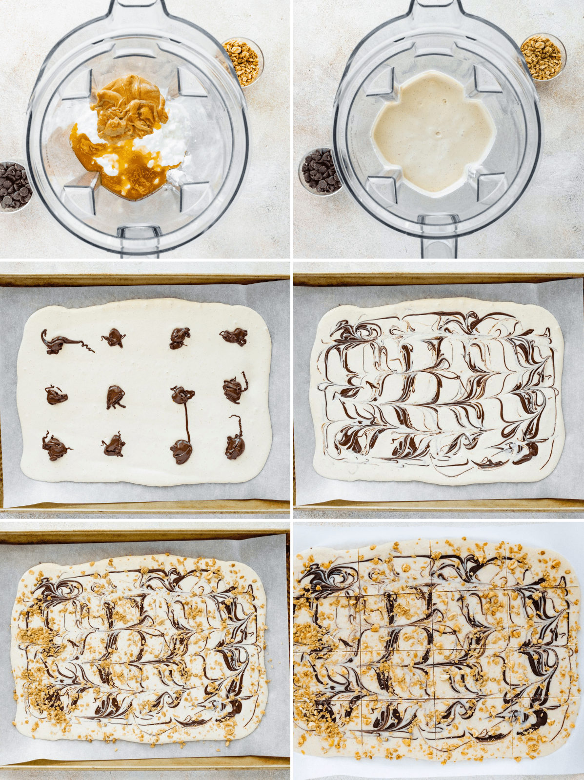 A six photo collage showing how to make frozen cottage cheese bark.