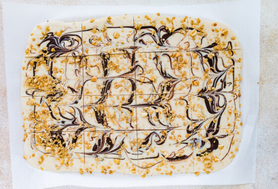 Frozen cottage cheese bark with dark chocolate and granola cut into squares.