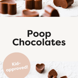 Heart-shaped poop chocolates in a small white bowl and falling out of a glass jar.