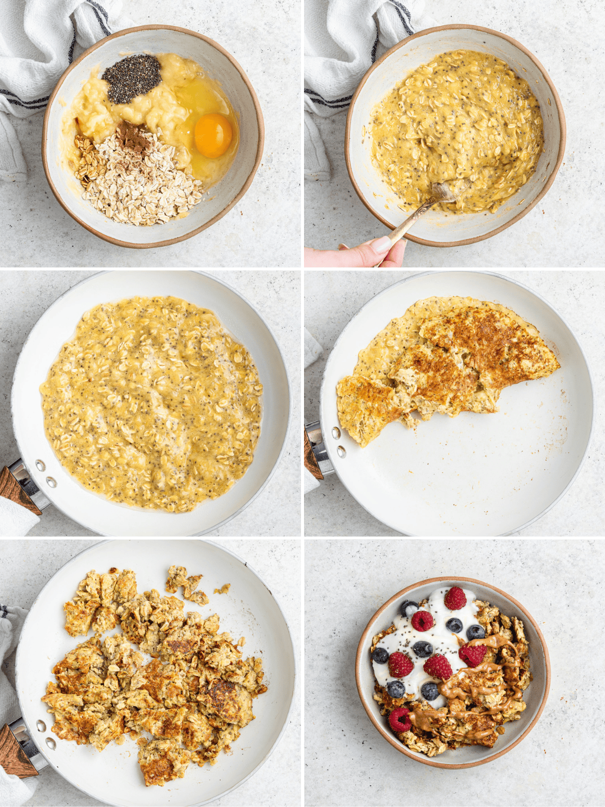 A six photo collage showing how to make scrambled oats.