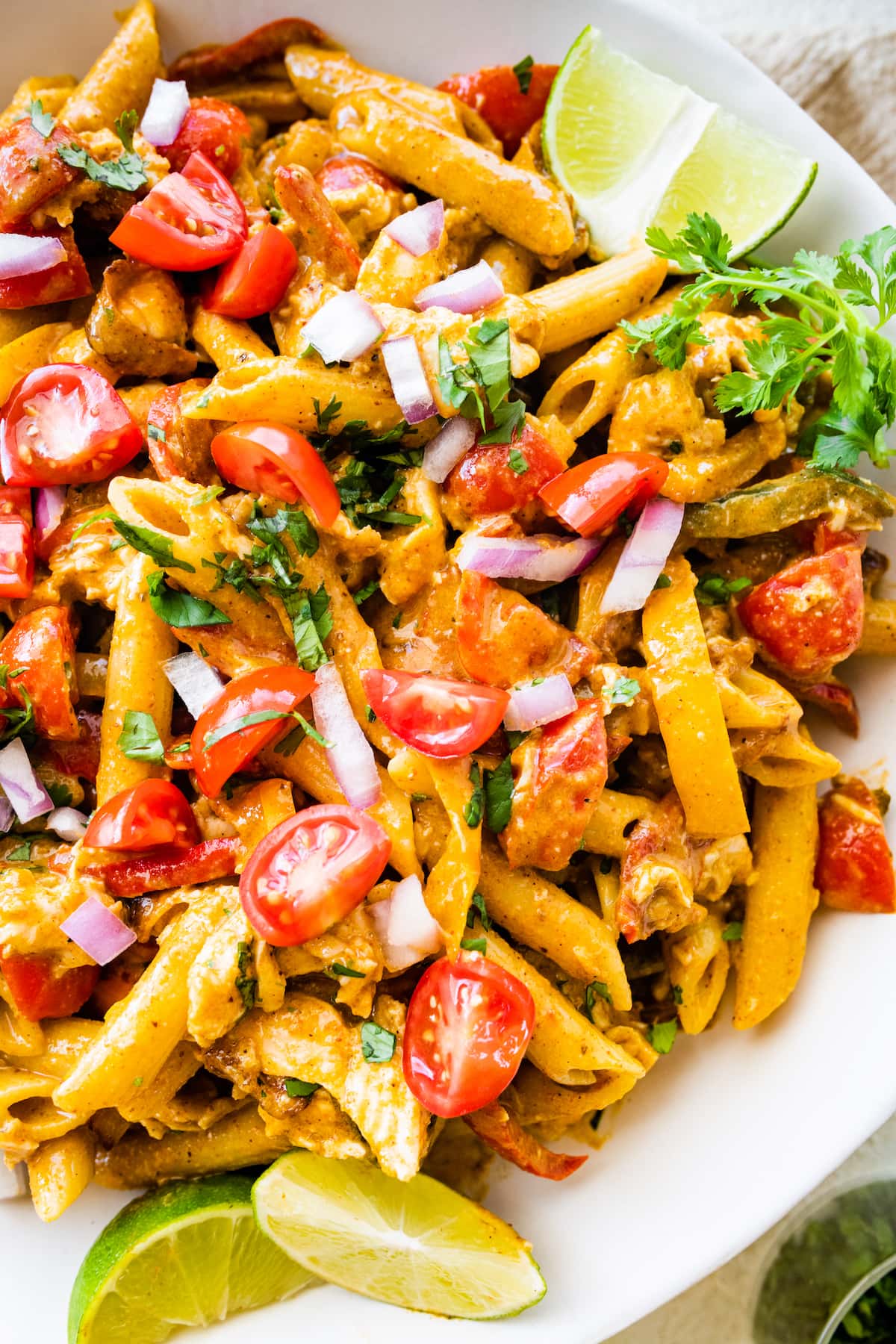 Chicken fajita pasta salad on a white plate.