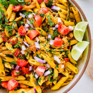 Chicken fajita pasta salad in a large bowl.