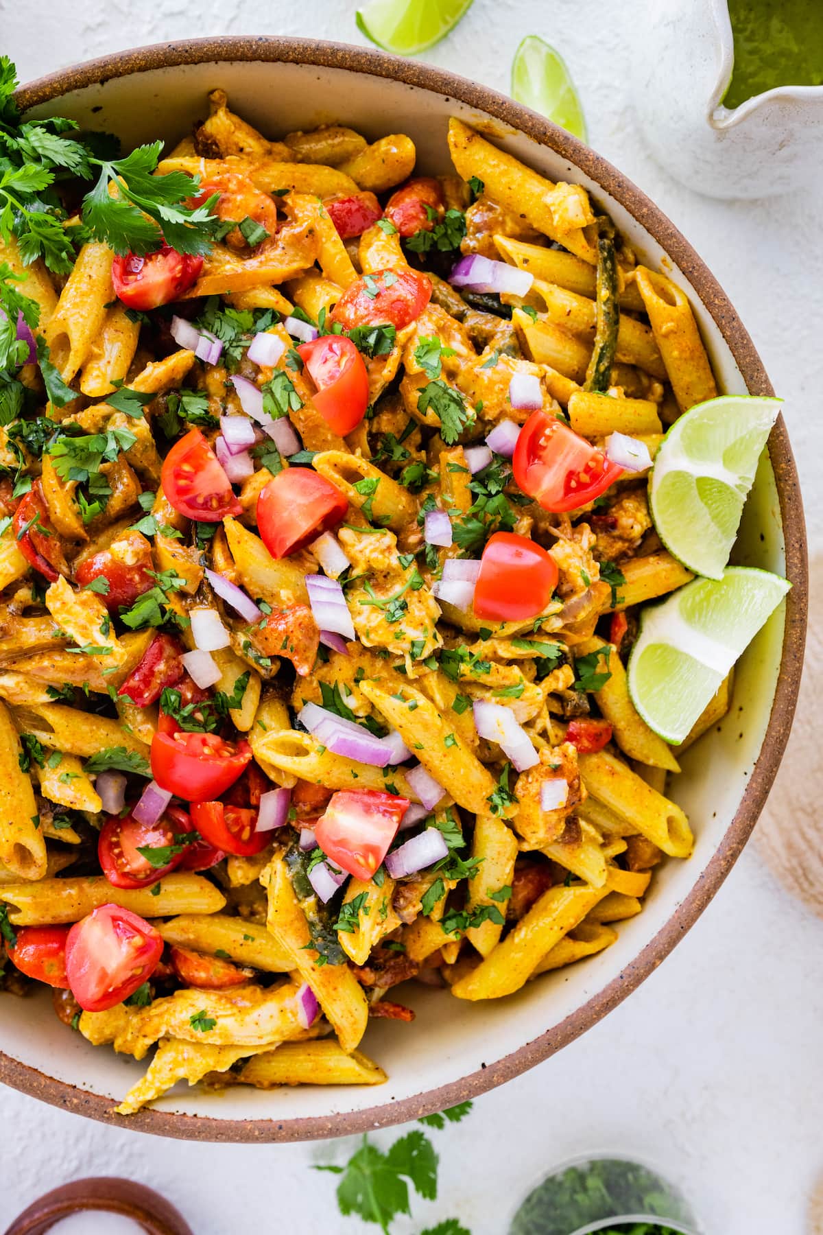 Chicken fajita pasta salad in a large bowl.