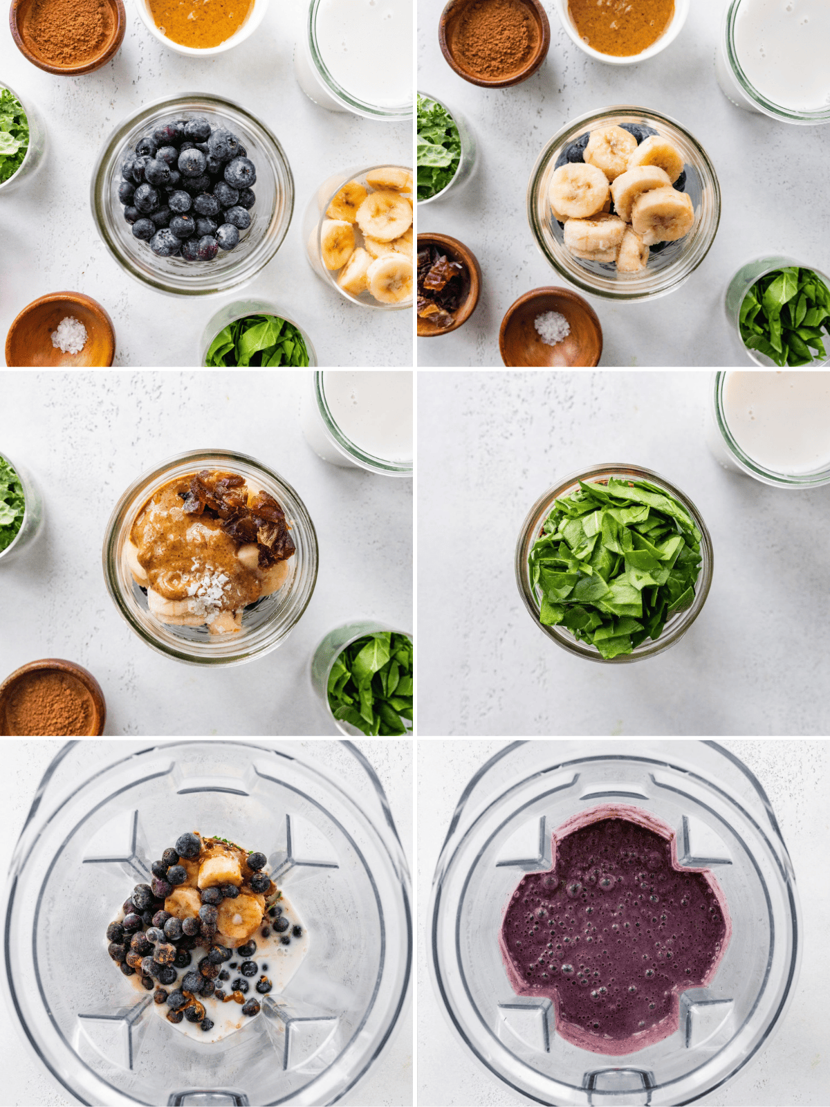 A 6 photo collage showing how to make a chocolate blueberry smoothie.