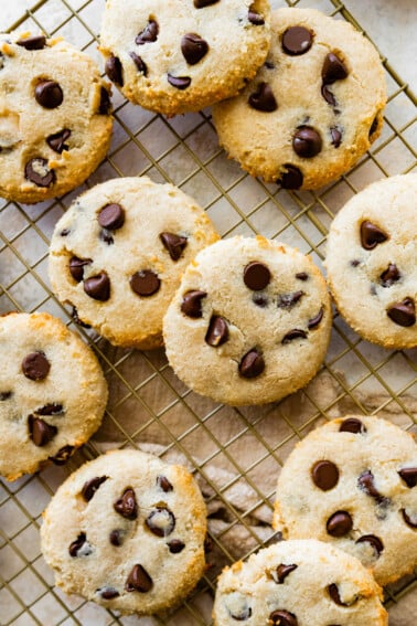 Cottage cheese chocolate chip cookies on a metal cooling rack.