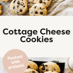 Two photos of cottage cheese cookies. Top image is cookies on a metal cooling rack. Bottom image is cookies in a metal tin.