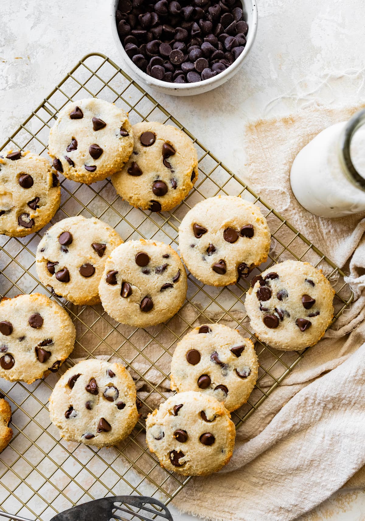 Cottage cheese chocolate chip cookies on a metal cooling rack.