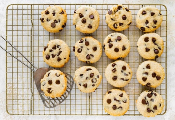 Fourteen cottage cheese chocolate chip cookies on a metal cooling rack, with one cookie on a metal spatula.