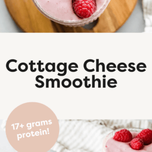 Two cottage cheese smoothies topped with fresh raspberries.