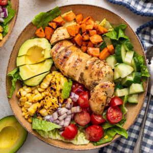 A bowl of grilled chicken salad.