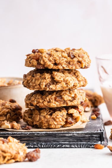 Four oatmeal breakfast cookies stacked on one another.