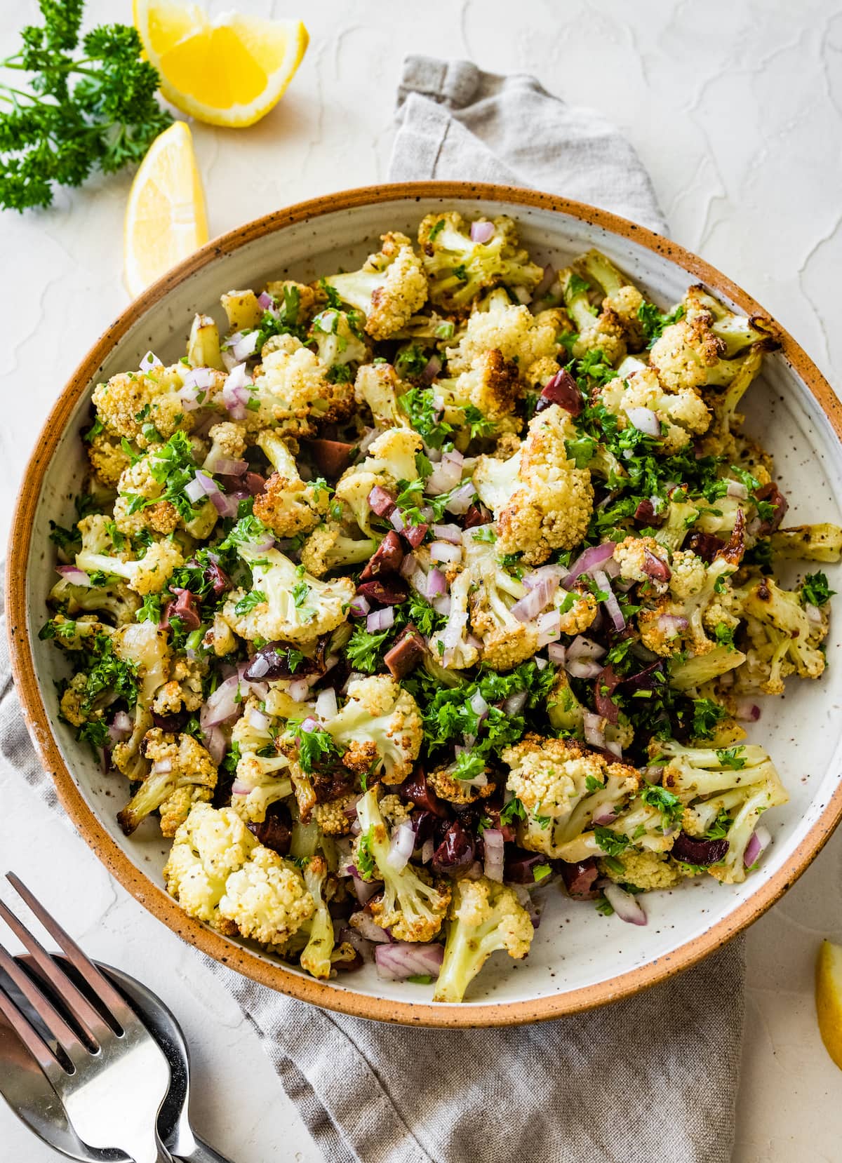 Roasted cauliflower salad in a large bowl.