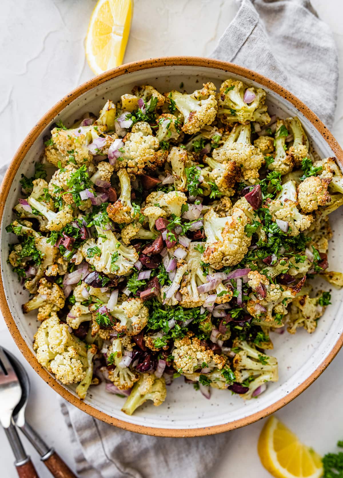 Roasted cauliflower salad in a large bowl.