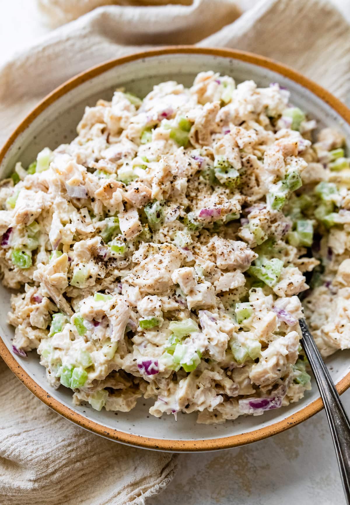 Rotisserie chicken salad on a plate with a metal spoon.