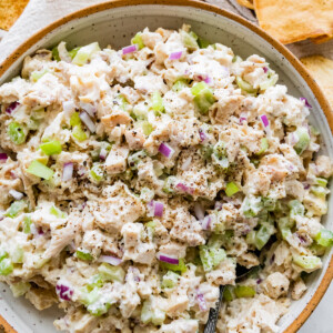 Rotisserie chicken salad on a plate with a metal spoon.