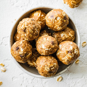 Vegan protein balls in a small bowl.