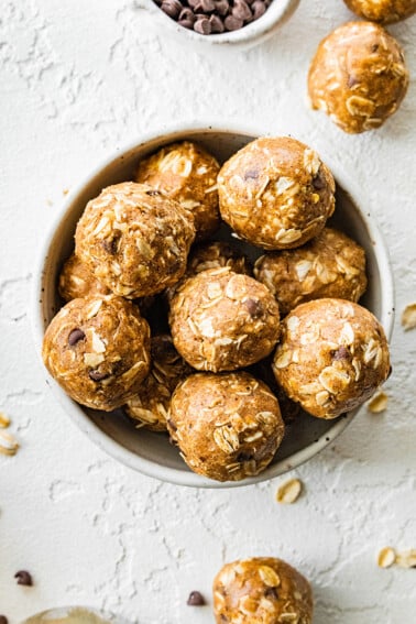 Vegan protein balls in a small bowl.