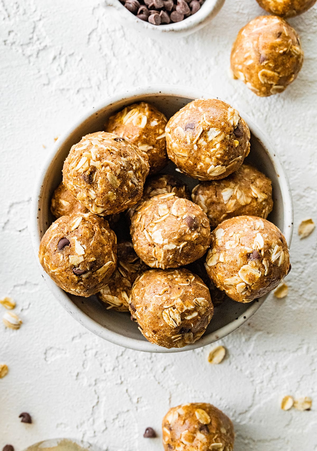 Vegan protein balls in a small bowl.