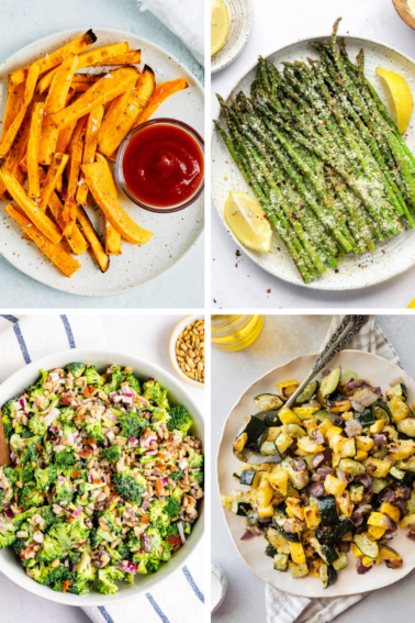 Four images: butternut squash fries, air fryer asparagus, broccoli salad and roasted squash and zucchini.