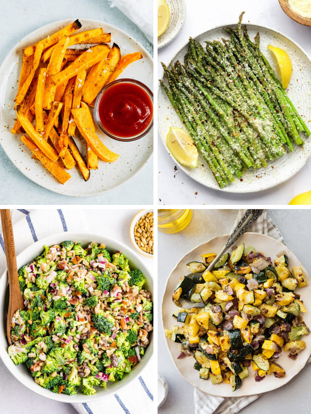 Four images: butternut squash fries, air fryer asparagus, broccoli salad and roasted squash and zucchini.