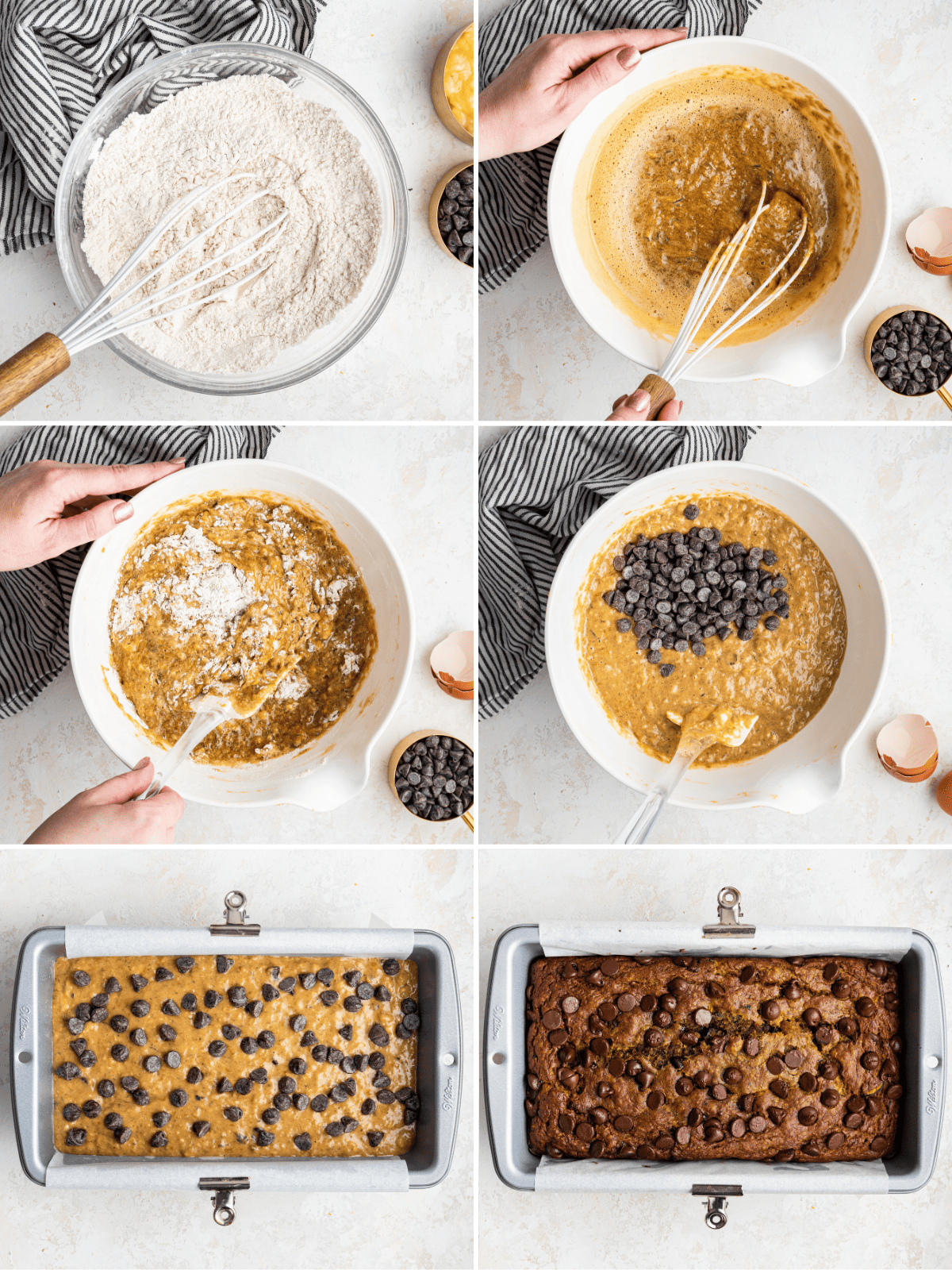 A collage with six process images showing how to make zucchini banana bread.