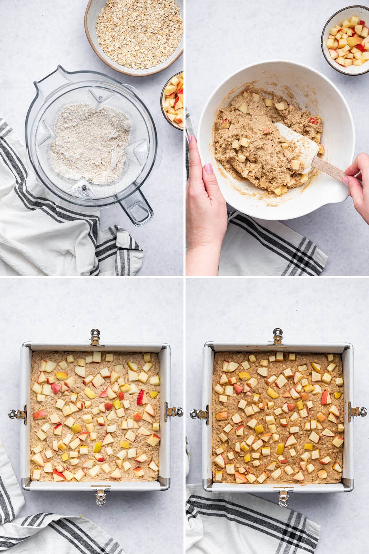 Collage of four photos showing how to make Apple Oatmeal Bars: mixing the batter and then baking in a pan.
