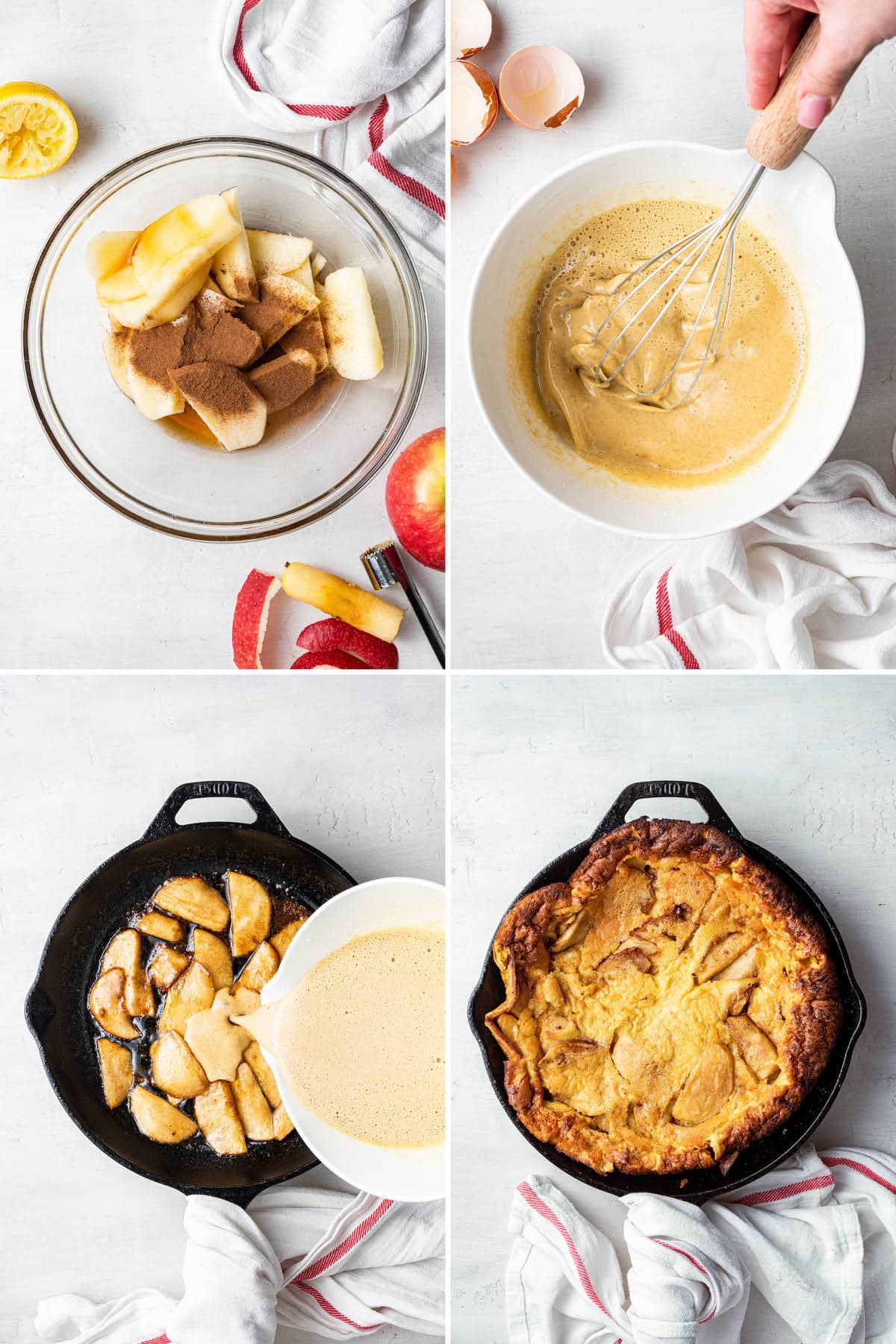 Collage of photos showing the steps to make an Apple Dutch Baby: making cinnamon apples, the batter, and then cooking everything in a skillet.