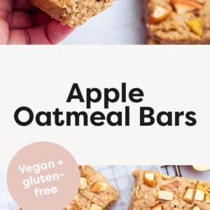 Hand holding two Apple Oatmeal Bars, and a photo of the bars on a wire cooling rack.