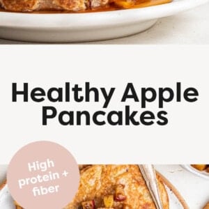 Stack of apple pancakes topped with cinnamon apples and maple syrup. Photo below is of the pancakes spread out on a plate.
