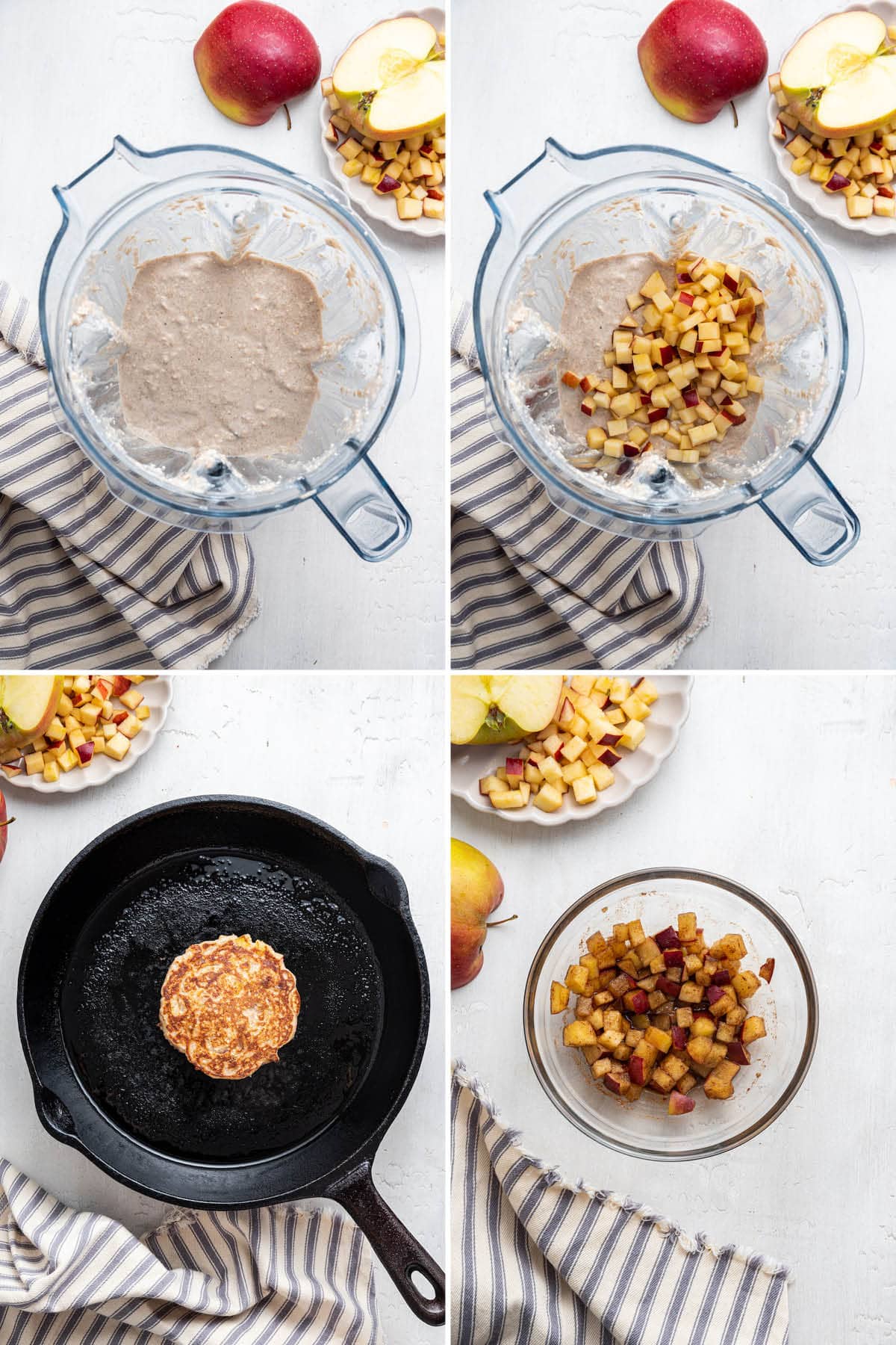 Collage of four photos showing how to make Healthy Apple Pancakes: blending the pancake batter, cooking pancake n skillet and then making the apple topping.