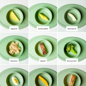 Collage of photos of food for baby led weaning: apple, avocado, banana, beans, beef, broccoli, egg, mango, salmon, strawberry, sweet potato and zucchini.