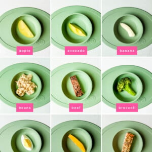 Collage of photos of food for baby led weaning: apple, avocado, banana, beans, beef, broccoli, egg, mango, salmon, strawberry, sweet potato and zucchini.