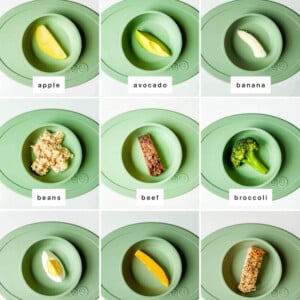 Collage of photos of food for baby led weaning: apple, avocado, banana, beans, beef, broccoli, egg, mango, salmon, strawberry, sweet potato and zucchini.