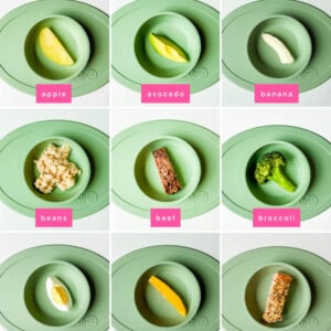 Collage of photos of food for baby led weaning: apple, avocado, banana, beans, beef, broccoli, egg, mango, salmon, strawberry, sweet potato and zucchini.