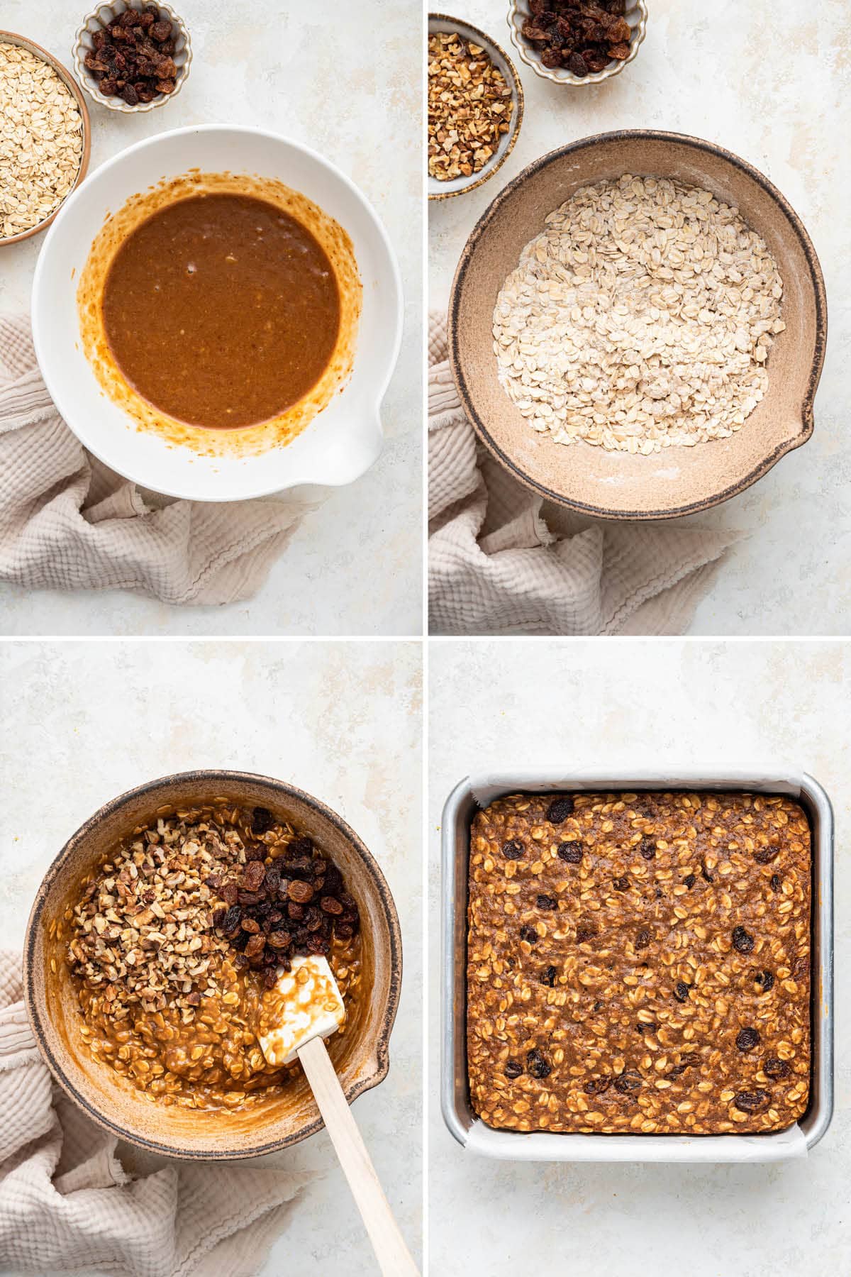 Collage of four photos showing how to make Healthy Banana Oat Bars: mixing batter and then baking the bars.