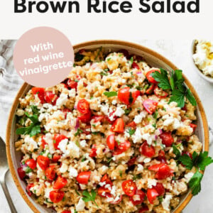 Mediterranean Brown Rice Salad in a serving bowl.