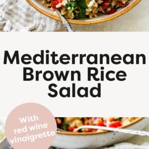Two photos of Mediterranean Brown Rice Salad in a serving bowl and smaller bowl.