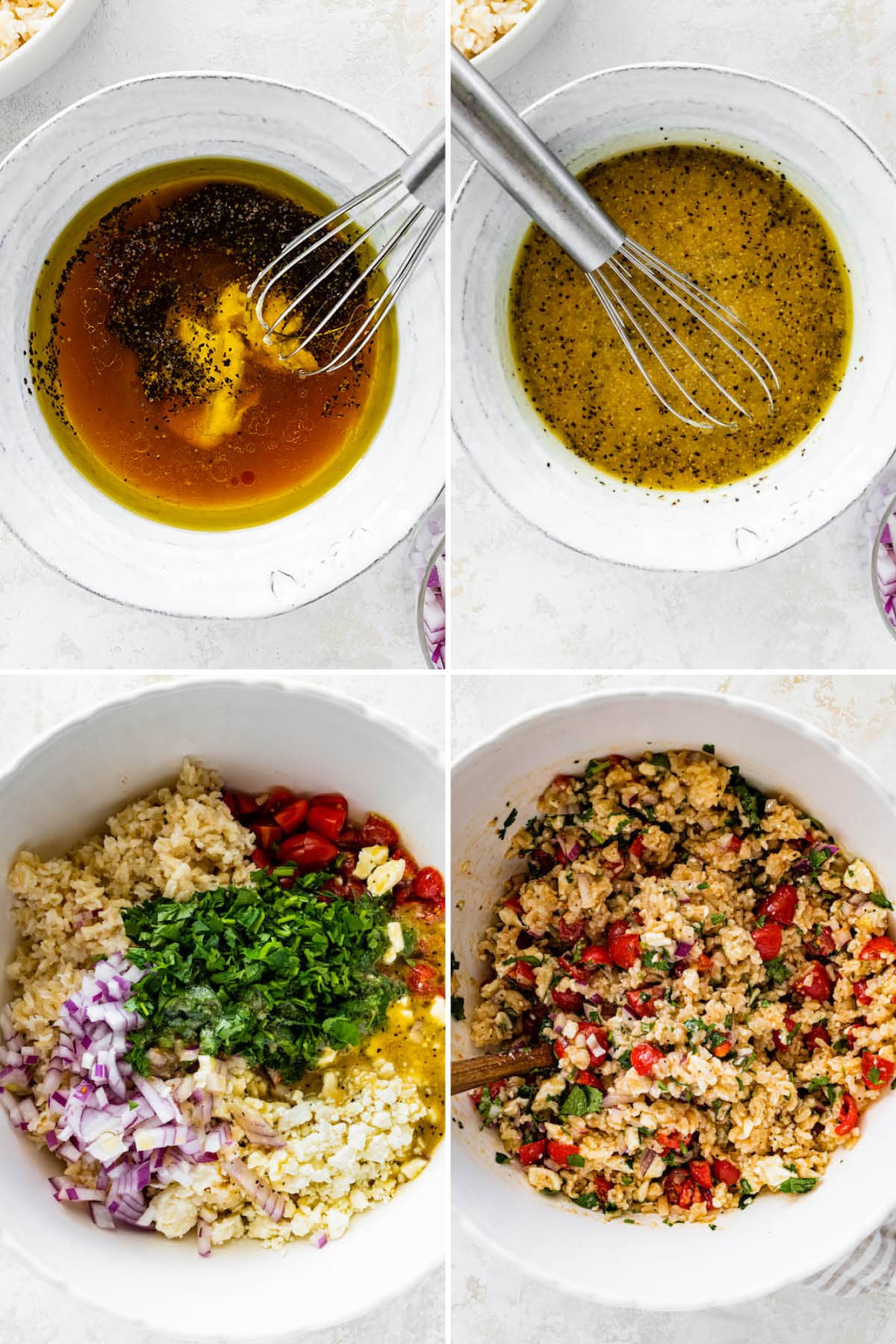 Collage of four photos showing the steps to make Mediterranean Brown Rice Salad: whisking a red wine vinegar dressing and then tossing rice with parsley, feta and veggies.