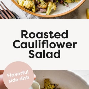 Roasted cauliflower salad in a large bowl. Photo below is a hand pouring lemon juice into a mixing bowl with roasted cauliflower, onion and olives.