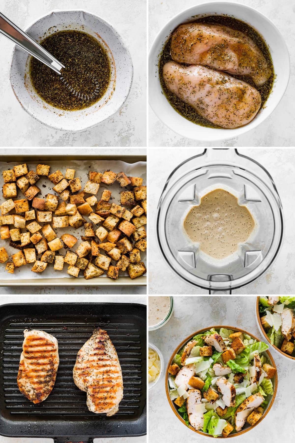 Collage of six photos showing the steps to make Grilled Chicken Caesar Salad: marinating the chicken, baking sourdough croutons, blending homemade caesar dressing, grilling the chicken and then assembling the salad.