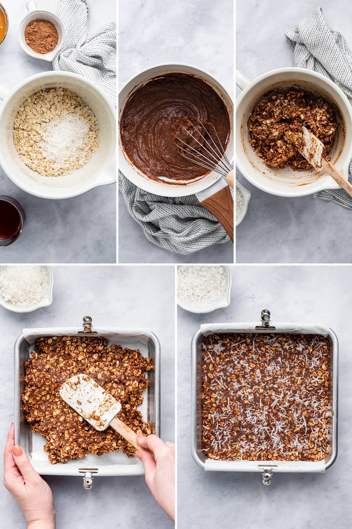Collage of five photos showing how to make Healthy No Bake Chocolate Coconut Bars: making the mixture and then setting in a pan and topping with coconut.
