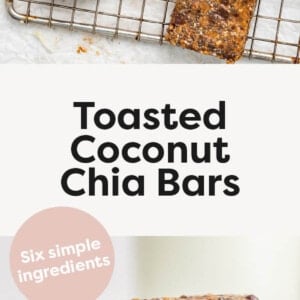Toasted Coconut Chia Bars on a wire rack and in a stack.