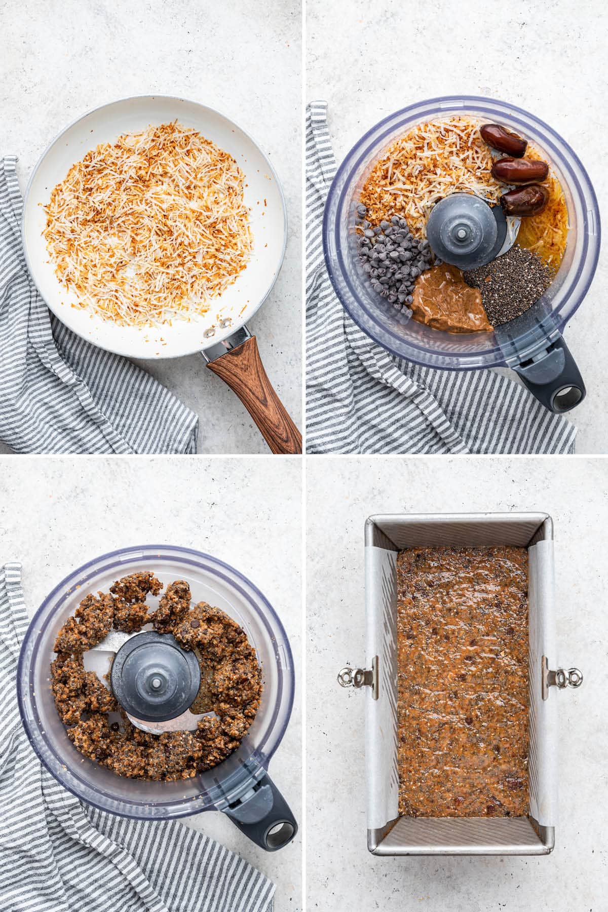 Collage of four photos showing how to make Toasted Coconut Chia Bars: blending ingredients and then adding to a loaf pan to set.