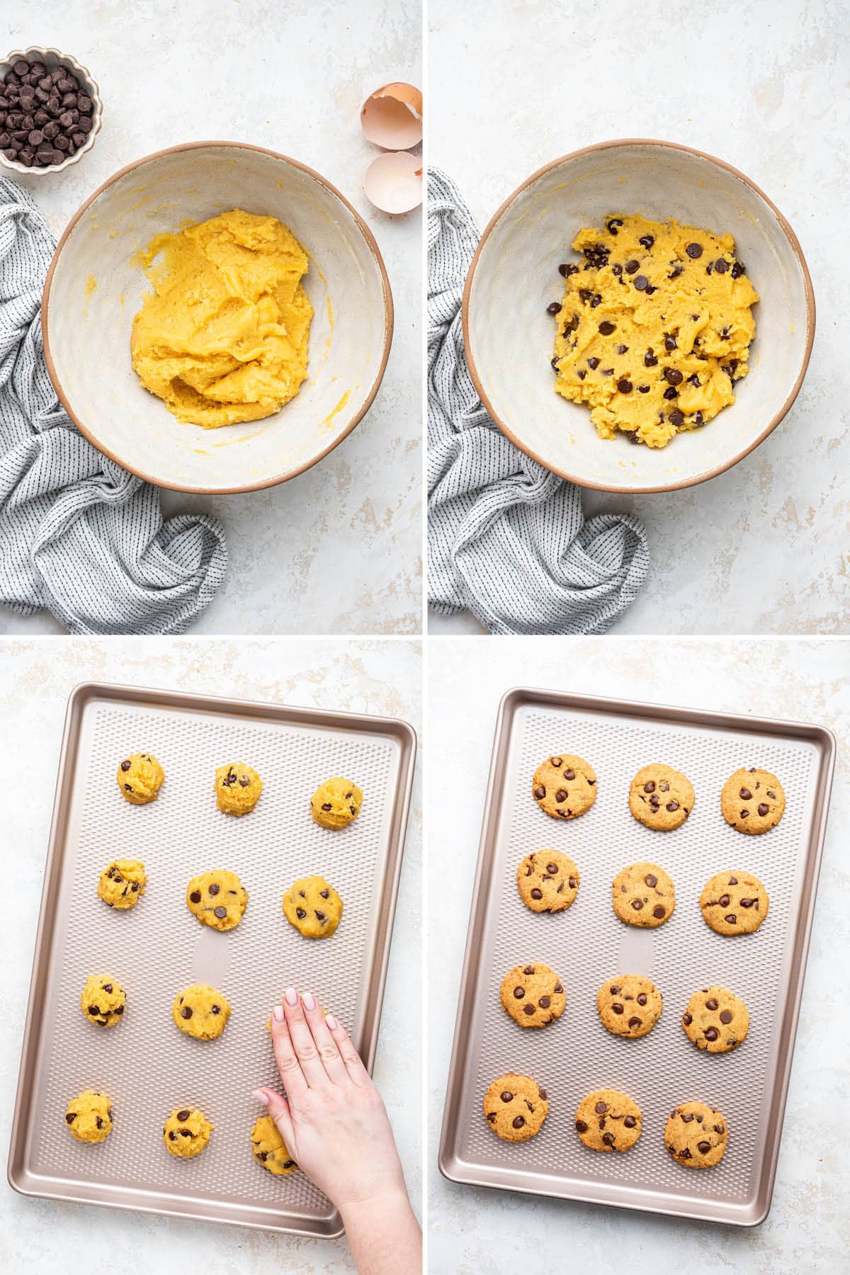 Collage of four photos showing how to make Coconut Flour Cookies: making batter and baking cookies.